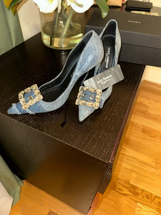 Dolce & Gabbana Denim Pointed Toe Pumps with Jeweled Buckles size 40 worn once - Picture 5 of 9